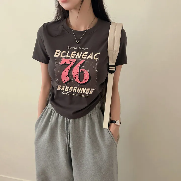 76プリントラウンドサイドシャーリングストリング半袖Tシャツ