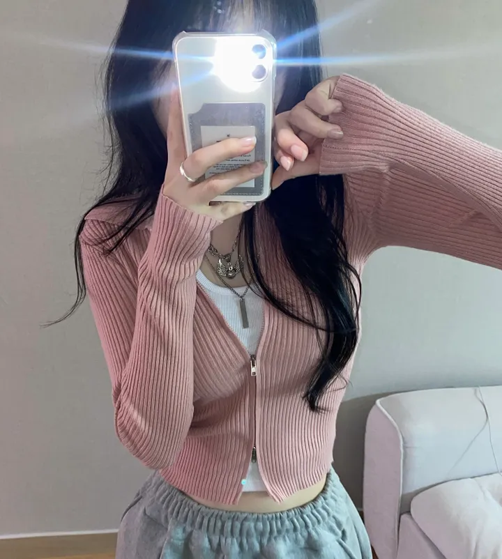 [벚꽃룩🌷/핏,리뷰보장]투웨이 카라 크롭 골지 니트 집업 상세 이미지 12