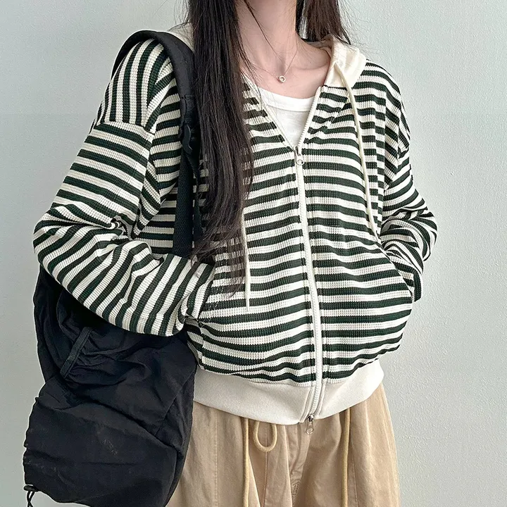 [캐주얼힙/투웨이] 스트라이프 단가라 배색 투웨이 지퍼 세미크롭 얇은 후드 집업 점퍼 봄 가을 간절기 아우터 모즈잔줄배색후드집업 상세 이미지 15