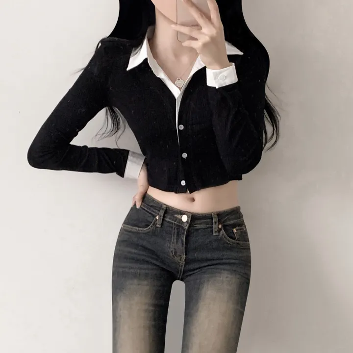 [일체형/하이틴무드] 하이틴 영화 여주인공 골지 가디건 + 크롭셔츠 일체형 레이어드 긴팔 티셔츠 상세 이미지 10