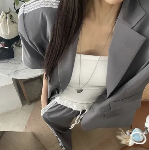 *(기획특가/퀄리티굿)* 헹거칩 레이스 트랙라인 수트세트 반팔자켓 루즈핏 오버핏 박시핏 하프자켓 슬랙스 바지 셋업 와이드팬츠 일자바지 하객룩 출근룩 데이트룩 상세 이미지 6