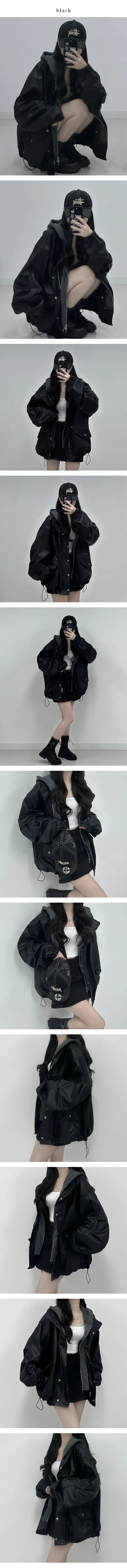 후드 집업 탈부착🖤 [루즈핏 레더 자켓] 레이어드 래더 가죽 라이더 카키 블랙 봄 가을 박시 오버핏 간절기 스트링 사파리 야상 점퍼 아우터 (2 col) 상세 이미지 2