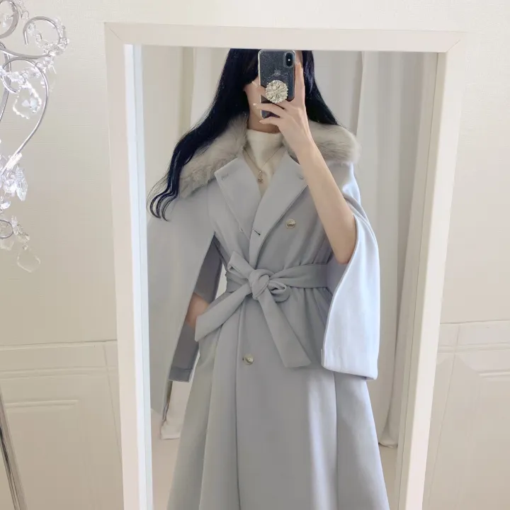 [롱케이프코트💗/고퀄보장✨] 롱VER. 알콩 울 캐시미어 폭스퍼 페이크퍼 밍크퍼 누빔안감 케이프 벨트 버튼 고급 우아 롱 판쵸 코트 망토 자켓 (4color) 연말룩 크리스마스 상세 이미지 31