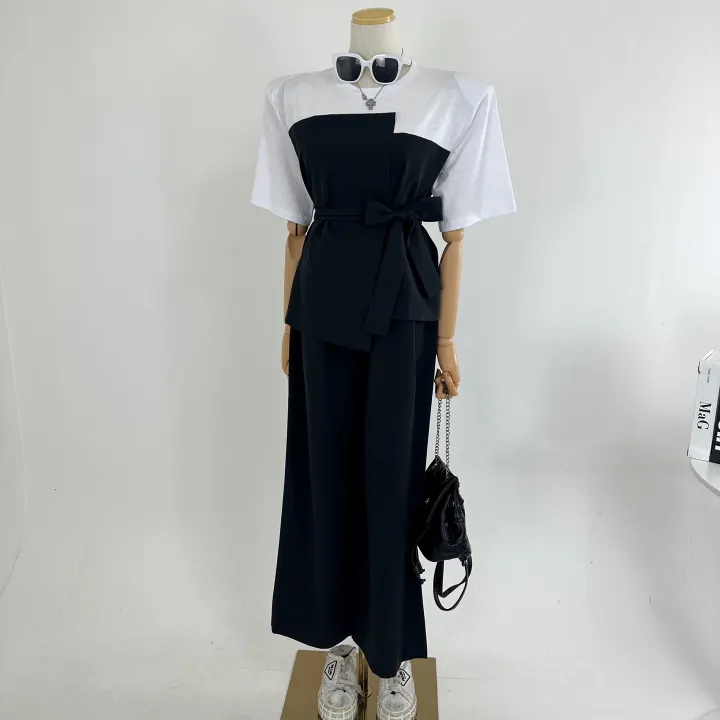 벨트포함[고퀄/패드내장/세트가격/하객룩/오피스룩/격식룩/추천] 루즈핏 언발 레이어드 셔츠 반팔 블라우스 패드 벨트 티셔츠+하이 밴딩 롱 슬랙스 와이드팬츠 셋업 SET(2COLOR) 상세 이미지 24