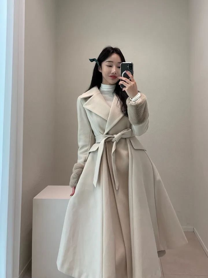 프리미엄 모직 울 누빔 카라 소매퍼 롱 원피스코트 3col 상세 이미지 6