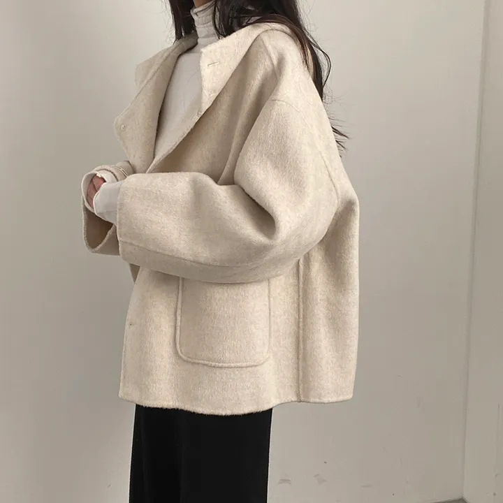 (껴입어도 넉넉한 사이즈) 오버핏 울 핸드메이드 후드 하프코트 상세 이미지 10
