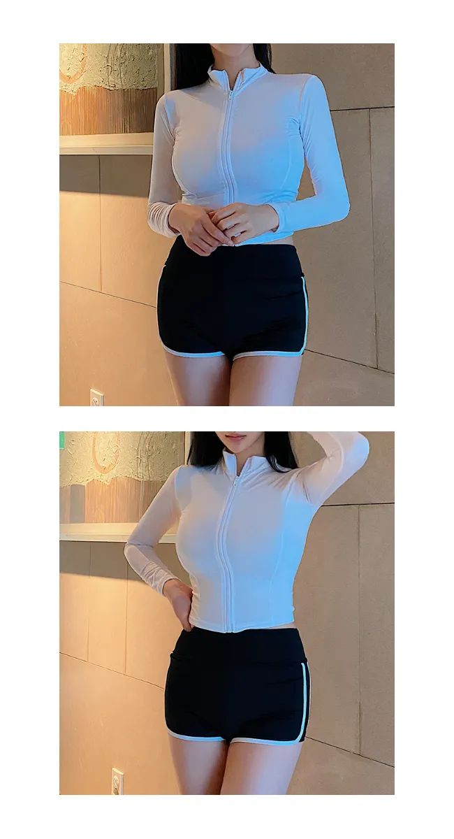 [주문폭주] 플레인 실내 비치웨어 스윔웨어 집업 긴팔 래쉬가드 수영복(아이보리/블랙) 상세 이미지 8