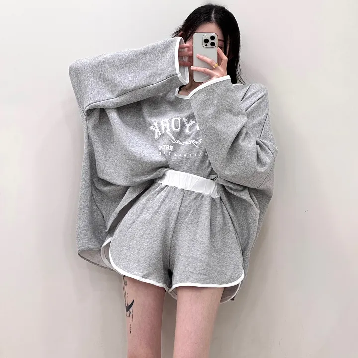 [여름까지/여리루즈핏] 밴티 나염 배색 라인 입술넥 오버핏 긴팔 티셔츠+밴딩 하이웨스트 돌핀 숏팬츠 투피스 트레이닝 세트 3color 상세 이미지 5