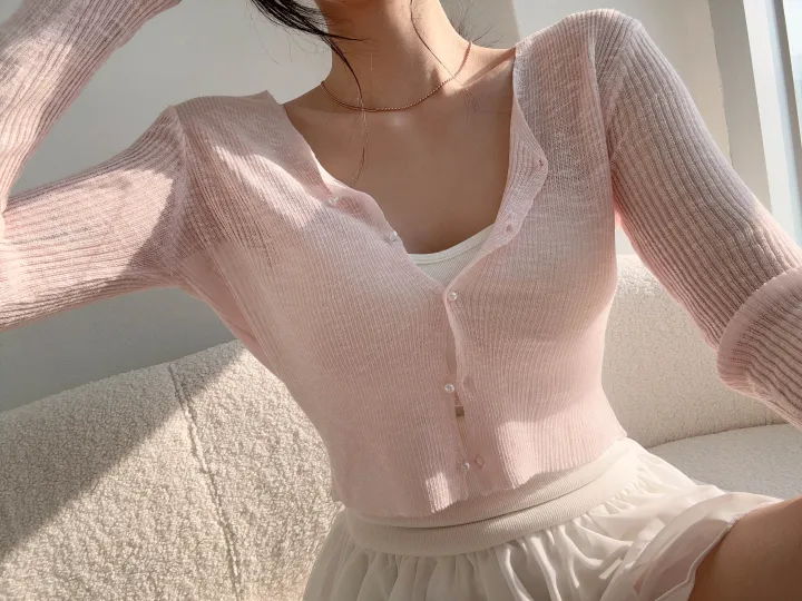 (8color) 【여리여리-!】 수채화 슬림핏 시스루 롱슬리브 진주 버튼 부클 가디건 상세 이미지 37