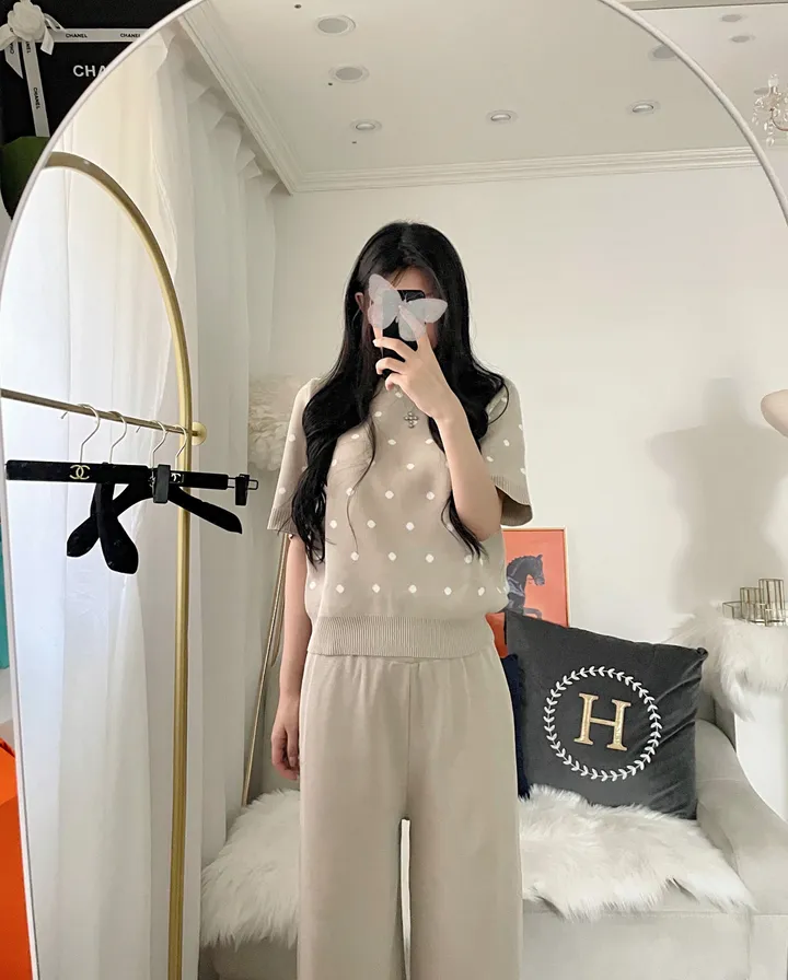 수입 벌룬 땡땡이 반팔 니트 와이드 마실룩 투피스 셋업 상세 이미지 17