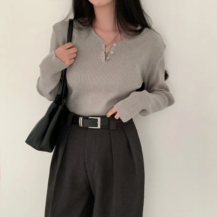 [4계절필수 디자인/연그레이 당일출고✨] 자체제작 #크치Made 젤리 버튼 트임 브이넥 골지 겨울 니트 긴팔티셔츠 - nt 상세 이미지 172
