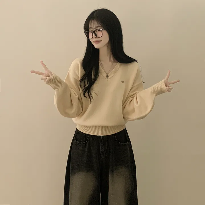 [파스텔색감💭/도톰폭닥~] 와펜포인트 아방핏 브이넥 루즈핏 허리잘록 긴팔니트 상세 이미지 5