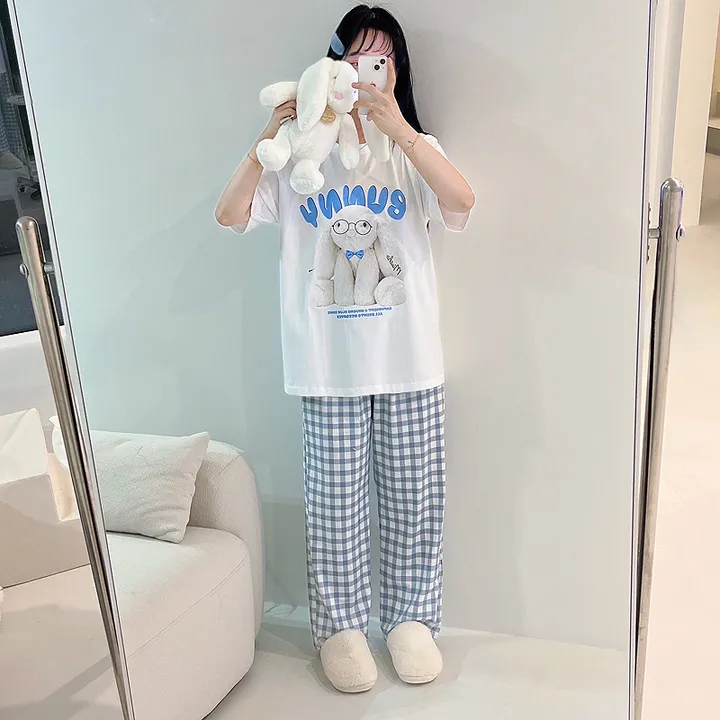 💙[남녀공용]💙 토끼 잠옷 파자마 세트 체크바지 빅사이즈 박시핏 루즈핏 오버핏 박시티 반팔 반팔티 여름 여름티 여름티셔츠 티셔츠 커플티 커플룩 커플티셔츠 상세 이미지 7