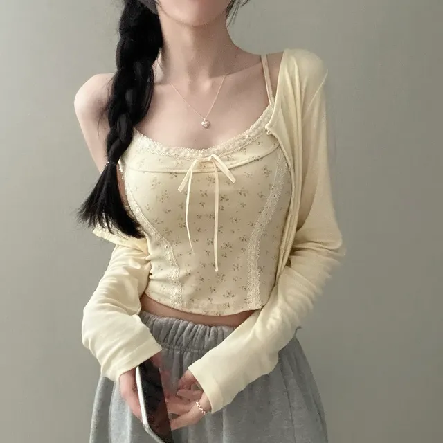 [ 가디건+나시/플라워패턴💛 ] 아미 레이스 플라워 나시,콩단추 가디건set (2col) 상세 이미지 9