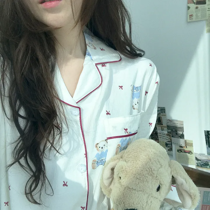레드곰돌이 리본 긴팔 셔츠 봄 가을 겨울 파자마 잠옷 상하 세트 #B.Night #289 상세 이미지 24