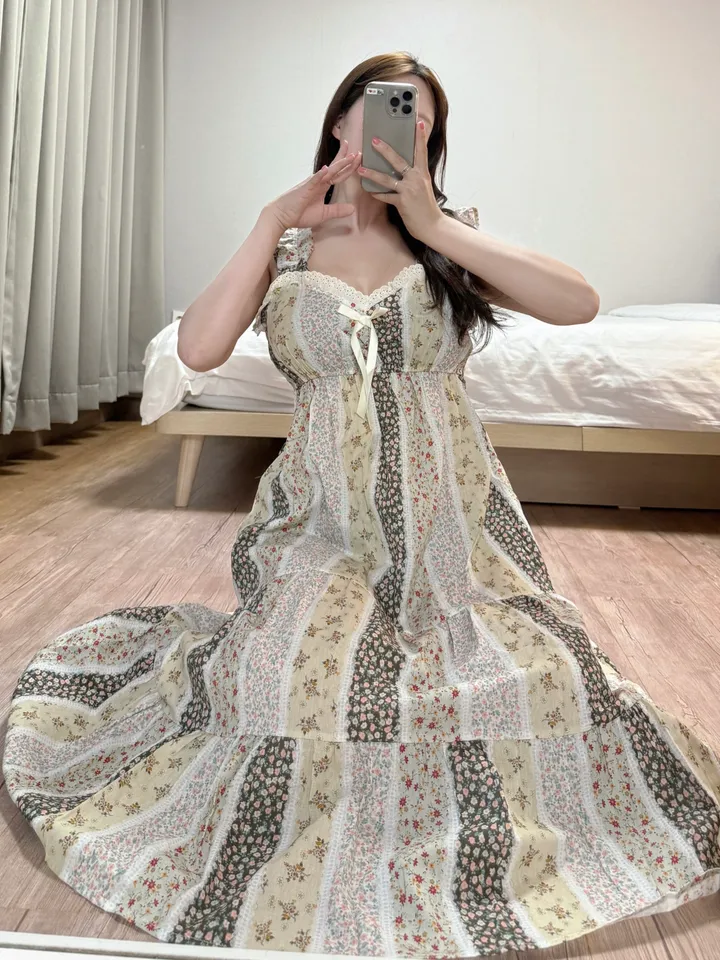 애순이홈웨어🍊🧡 잠옷 파자마 홈웨어 원피스 면 바캉스 롱원피스 공주잠옷 프릴나시원피스 촌캉스 민소매 2color 상세 이미지 9