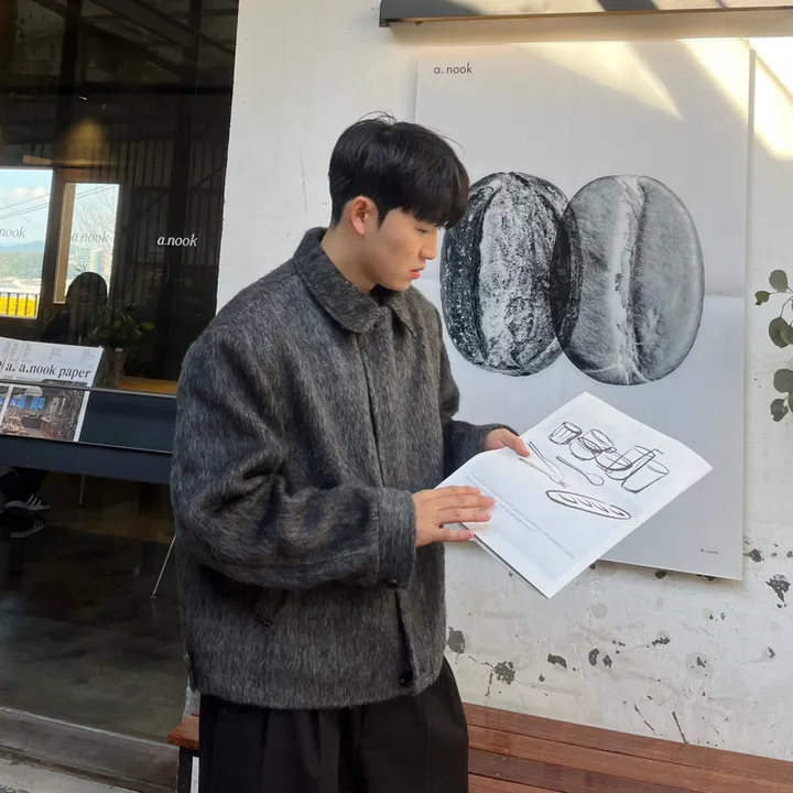 [캐주얼] 배색 남자 커플 오버핏 부클 털 모헤어 울 숏 하프 반 크롭 코트 점퍼 자켓 상세 이미지 17