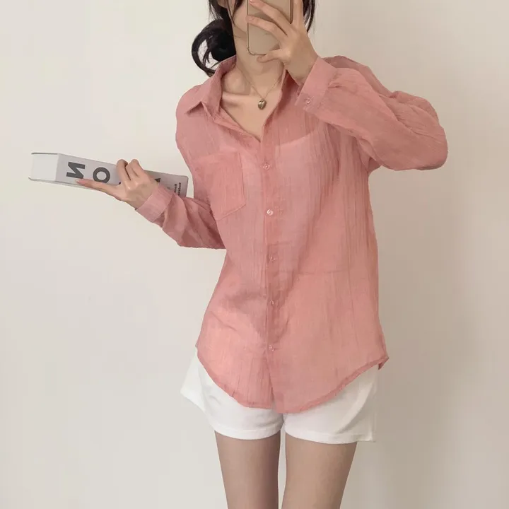 [16 color/루즈핏] 아론 시스루 거즈 남방 / 긴팔 여리여리 살랑살랑 링클 롤업 파스텔 바캉스 휴가 피크닉 나들이 간절기 여름긴팔 베이직 상세 이미지 7