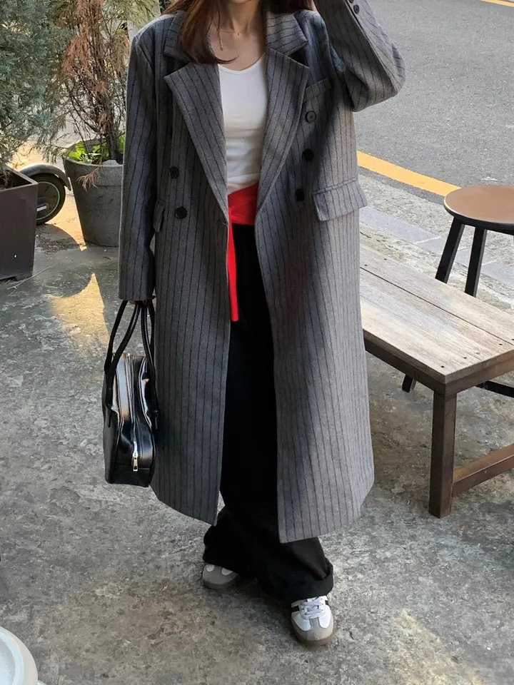 [브랜드퀄/안감누빔] 브랜드 퀄리티 누빔 그레이 스트라이프 롱코트 루즈핏코트 더블코트 겨울코트 스트라이프코트 상세 이미지 24