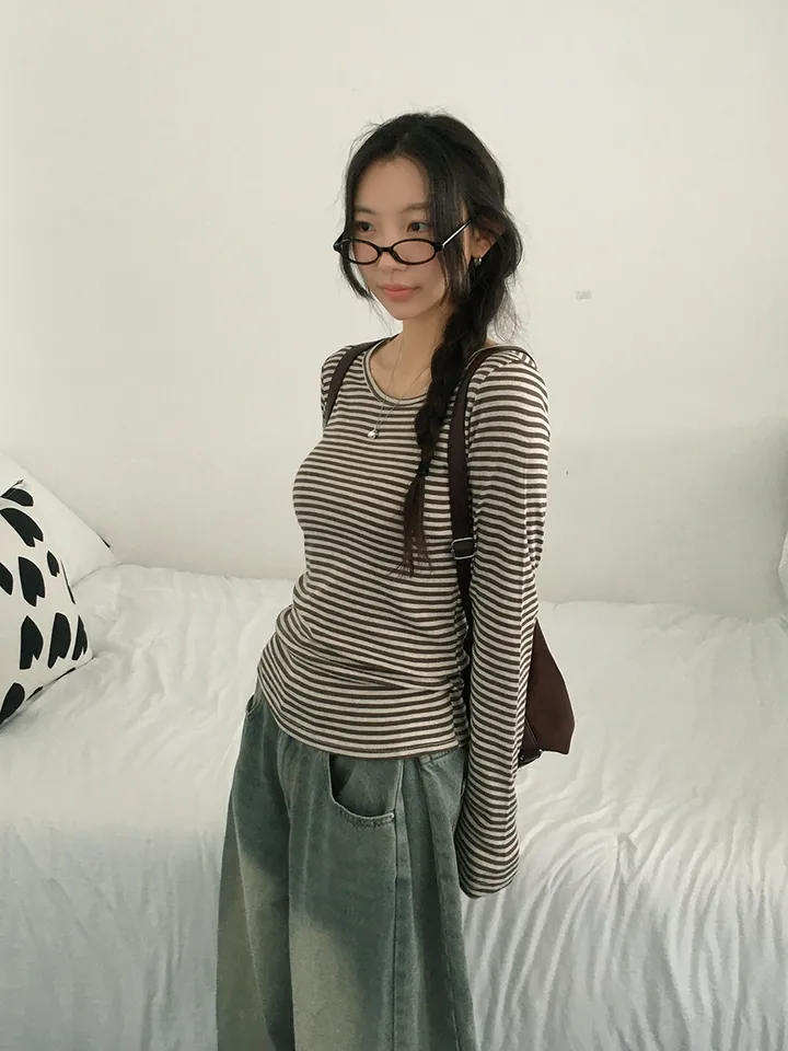 [슬림핏!/간절기,봄필수! 잔단가라 라운드넥 단가라티셔츠 긴팔티셔츠 이너티 기본티] 엘리슬림핏단가라긴팔T 상세 이미지 7