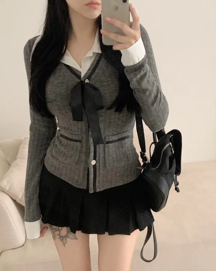 [자체제작/당일출고] 고급미✨일체형* 레이어드 리본 배색 골지 진주 셔츠 + 가디건 상세 이미지 12