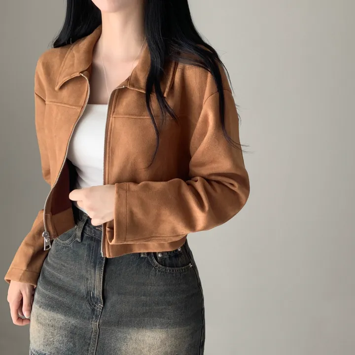 [갓성비템/보들원단!] 메드 카라 스웨이드 절개 긴팔 숏 크롭 자켓 점퍼 상세 이미지 9