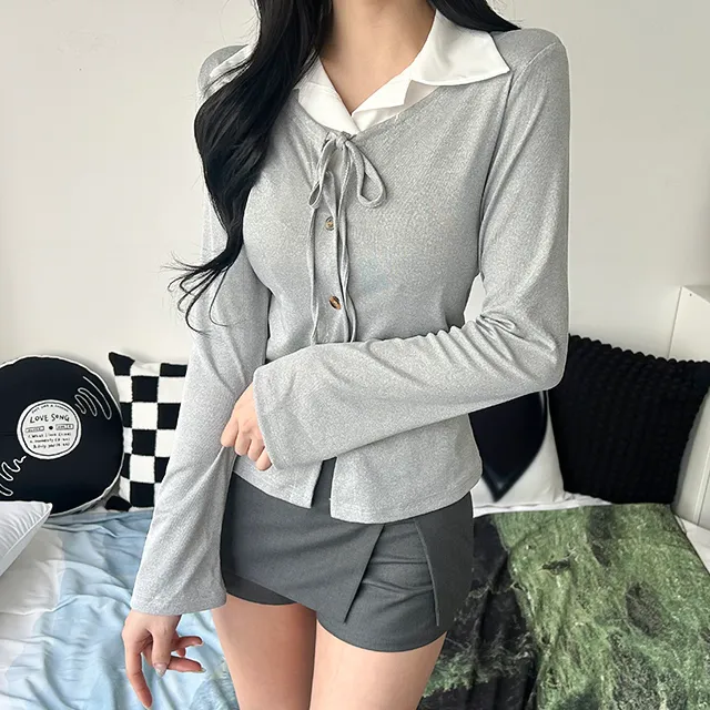 [일체형/모던룩/2col] 신디 일체형 슬림핏 레이어드 셔츠 가디건 / 카라넥 / 리본가디건 / 레이어드티셔츠 / 페이크셔츠 / 긱시크 / 브이넥 / 셔츠니트 / 코디완성 / 강추 상세 이미지 20