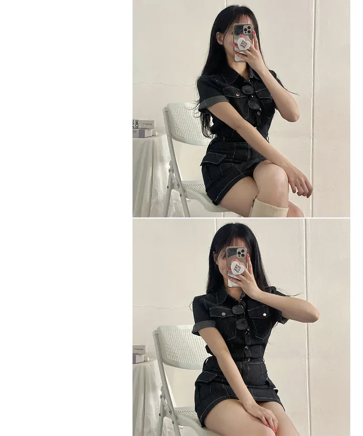 [남방+스커트 SET] 스킬 데님 반팔 남방 셔츠 + 데님 카고 스커트 투피스 세트 (단품or세트구매/2color) 상세 이미지 15