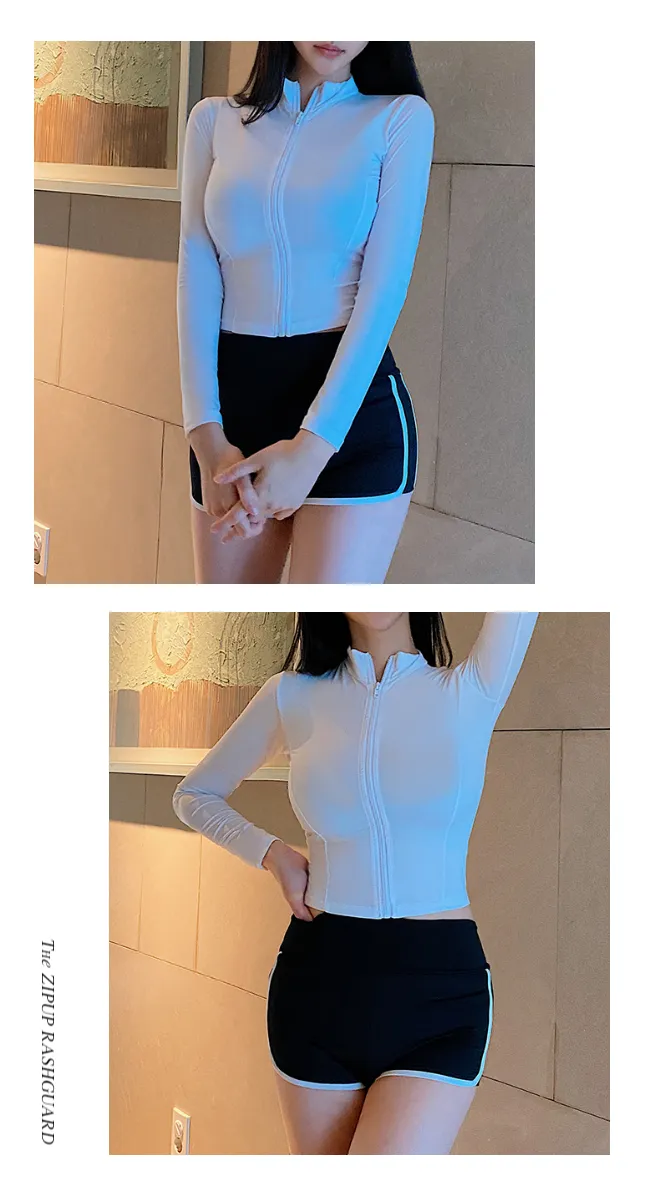 [주문폭주] 플레인 실내 비치웨어 스윔웨어 집업 긴팔 래쉬가드 수영복(아이보리/블랙) 상세 이미지 7