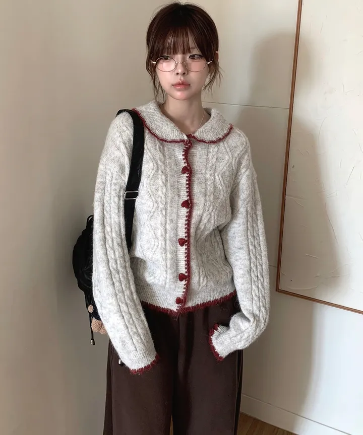 [MD추천✨러블리] 우토 하트 단추 카라 배색 니트 가디건 봄 가을 / 니트가디건 가디건 봄가디건 아우터 바람막이 청자켓 뮤잉 상세 이미지 4