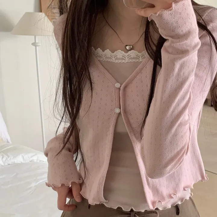레이블 물결 여리핏 플라워 펀칭 브이넥 롱슬리브 버튼 가디건 3color 상세 이미지 31