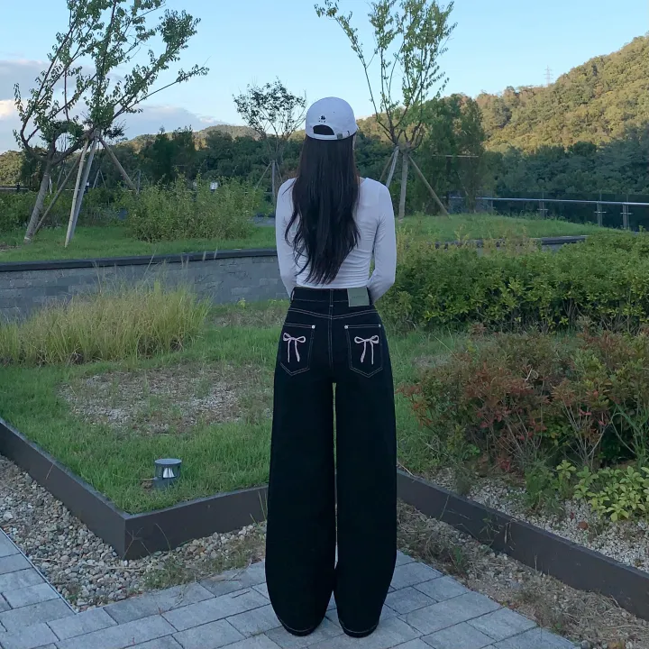 Made![리본포인트🎀/깔끔핏] 핑크 스티치 리본 자수 하이웨스트 와이드팬츠 스트레이트핏 데님 롱팬츠 자체제작 상세 이미지 5