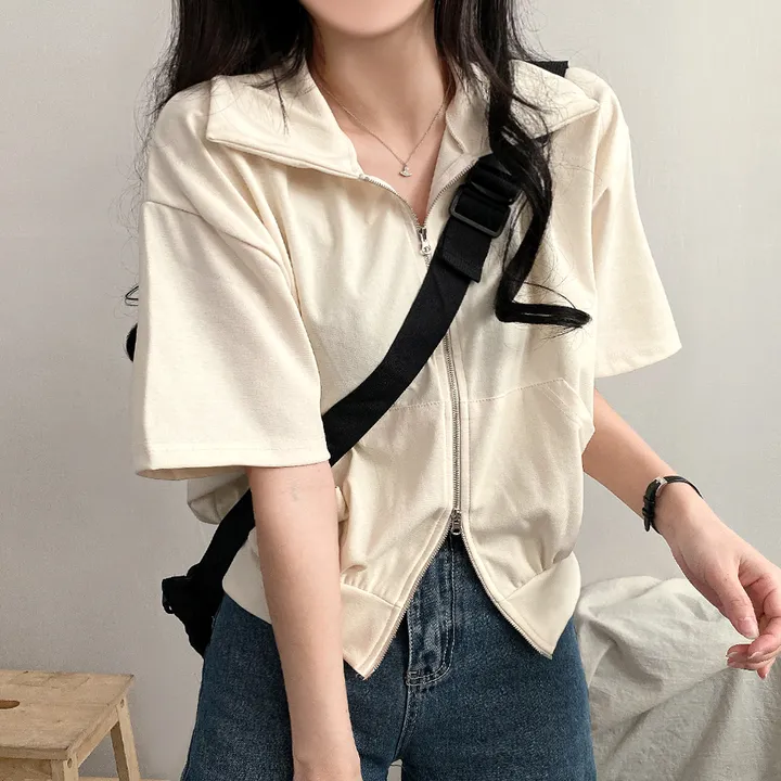 [여름/예쁜데일리!] 볼륨 카라 투웨이 무지 크롭집업 반팔 3color 상세 이미지 6