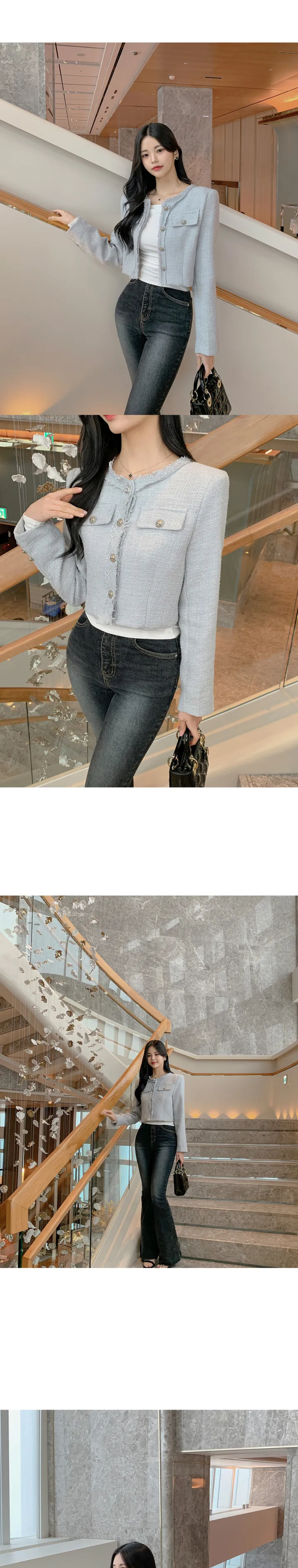 [갓성비❤️/화사한 봄 자켓으로 제격!] 매니아 노카라 컷팅 디테일 버튼 포켓 세미크롭 봄 트위드 자켓 상세 이미지 16