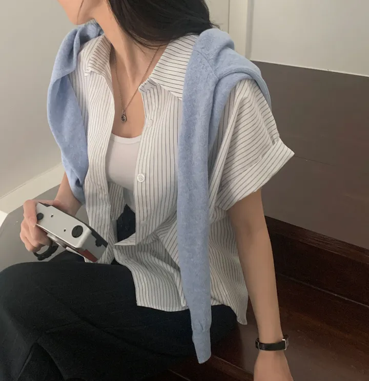 [빈티지🤍/여름셔츠] 샌드 스트라이프 루즈핏 롤업 반팔셔츠,남방 - 3color 상세 이미지 17