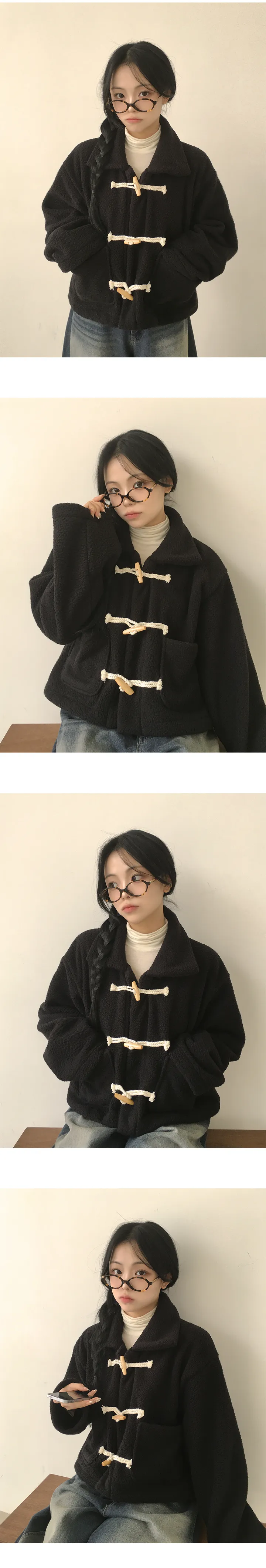 [뽀글이소재🐻/귀여움가득] 떡볶이 단추 포인트! 도톰 양털 뽀글이 떡볶이 단추 포켓 카라 숏자켓 (4color) 상세 이미지 4