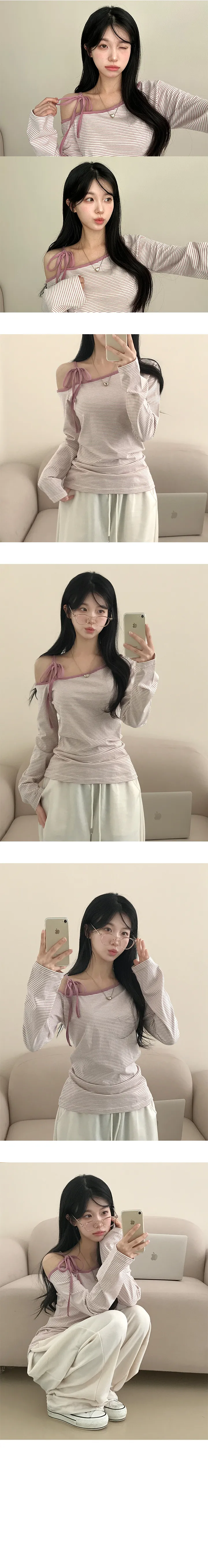 *묶음할인[포인트템!/꾸안꾸] 리본 원숄더 스트라이프 긴팔티 상세 이미지 9