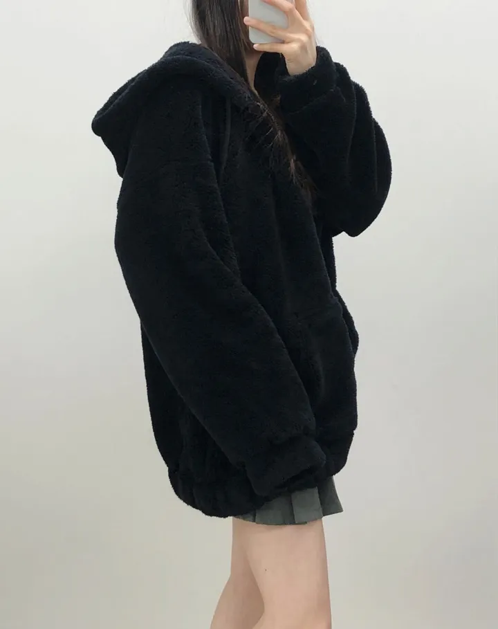 [보아털] 오버핏 포근한 두꺼운 털 빅후드 집업 상세 이미지 12