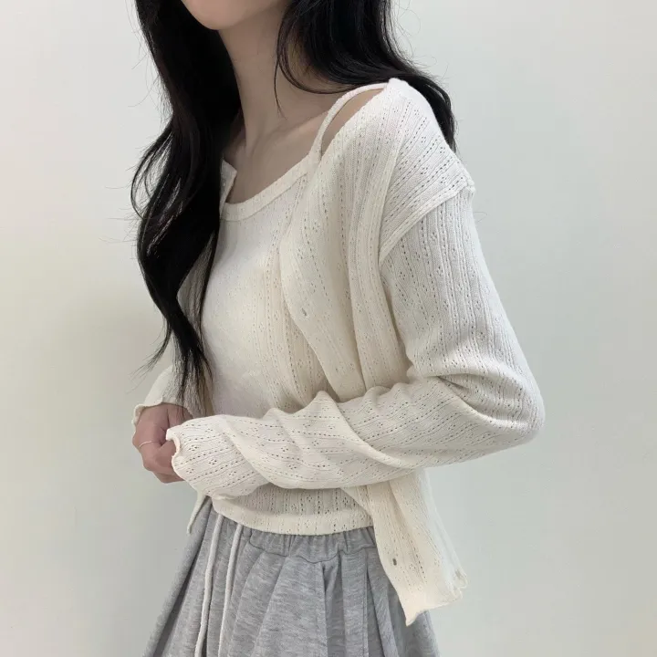 [나시+가디건set/여름까지] 여리여리 로맨틱 무드 펀칭 아일렛 세미크롭 투피스 세트 상세 이미지 11