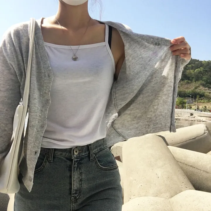[ 뱀부40% ] 얇은 기본 가디건 / 가벼워요. 여리여리 세미크롭 브이넥 아우터 상세 이미지 15