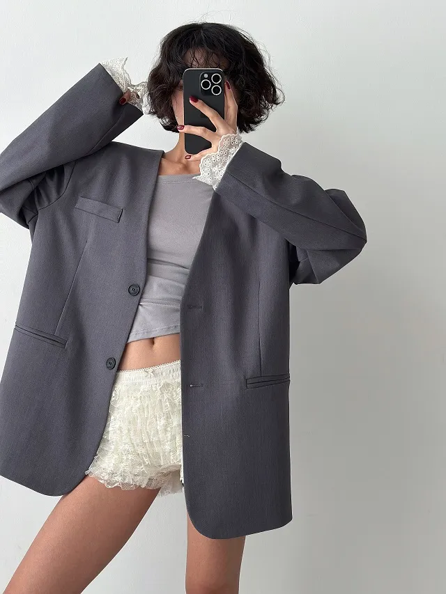 봄자켓 노카라자켓 레이스자켓 봄아우터 오버핏자켓 루즈핏자켓 싱글 가을자켓 상세 이미지 9