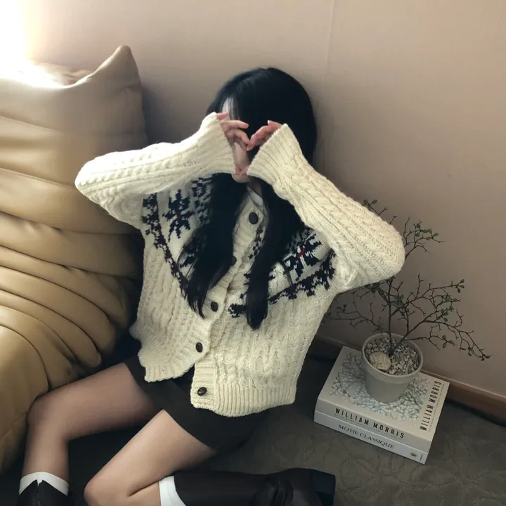 [눈꽃❄]스노우 노르딕 도톰 라운드 니트 긴팔 가디건 2color 상세 이미지 10