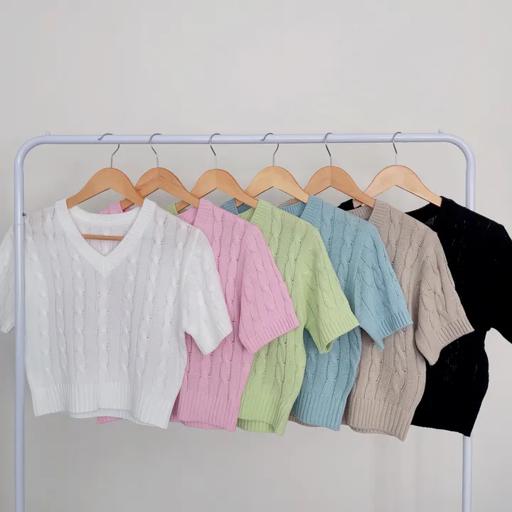 (6color/최저가 보장!) 실물보장! 색감에 반한, 마카롱 꽈배기 브이넥 크롭 반팔 니트 상세 이미지 36
