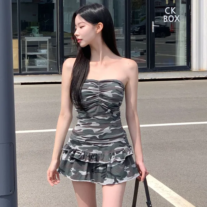 [섹시유니크🖤] 카모 투피스 / 캡내장 밀리터리 캡나시 뷔스티에 셔링 크롭탑 셔링탑 튜브탑 탱크탑 브라탑 y2k 데님탑 카고스커트 캉캉치마 밀리터리스커트 치마바지 레이어드스커트 상세 이미지 35