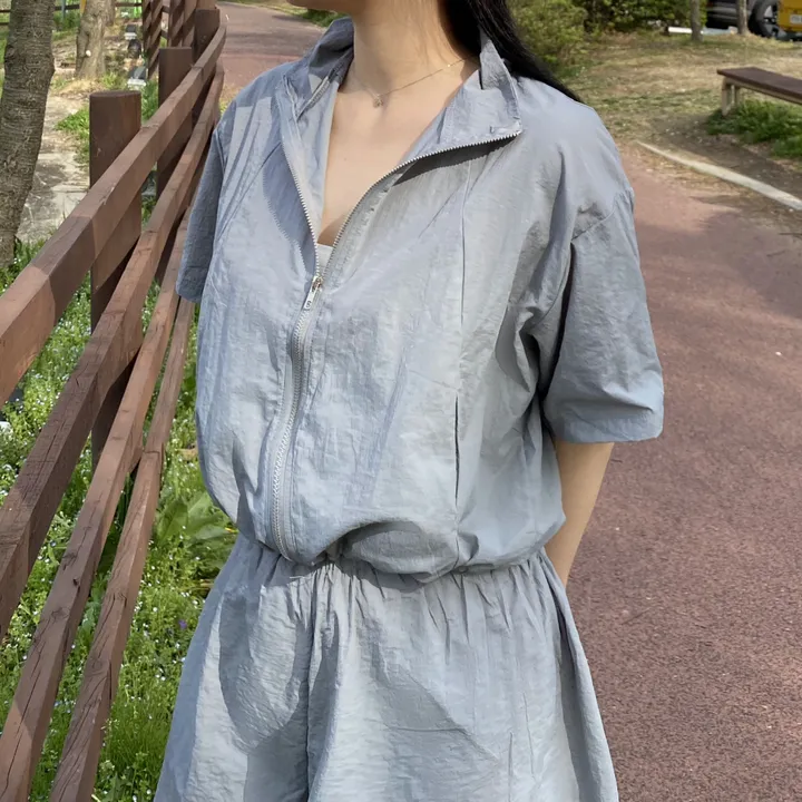 [바스락트레이닝set!/데일리4컬러] 여름 시원한 운동복 바스락 5부 트레이닝복 루즈핏 포켓 하이넥 바람막이 윈드브레이커 무지 스트링 밴딩 반바지 트레이닝 아노락 세트 셋업 상세 이미지 22