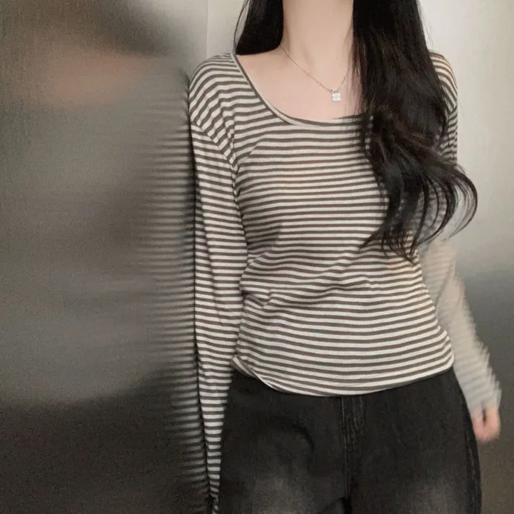 [팔말라핏🤍/단가라ver]팔뚝살 부각없는 3탄! 뉴페이스 단가라 스트라이프 스퀘어넥 루즈핏 긴팔티셔츠 상세 이미지 7