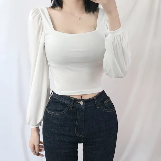 [여리핏/4col] 오로라 스퀘어넥 퍼프 크롭 티셔츠 상세 이미지 6