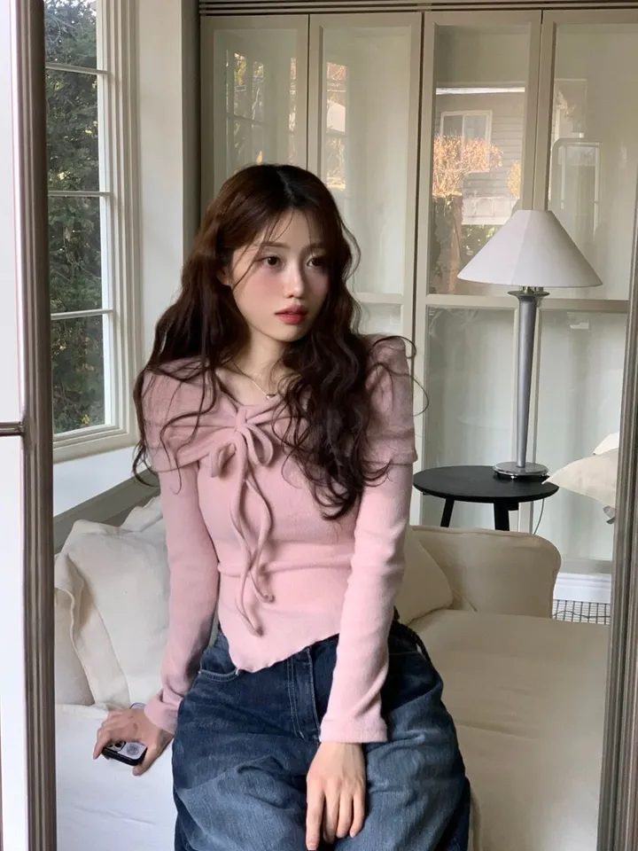 [흘러내림x/NO기모추가!/기모원단]샤비 리본 셔링 여리핏 오프숄더 물결 롱슬리브 니트 3color 상세 이미지 20