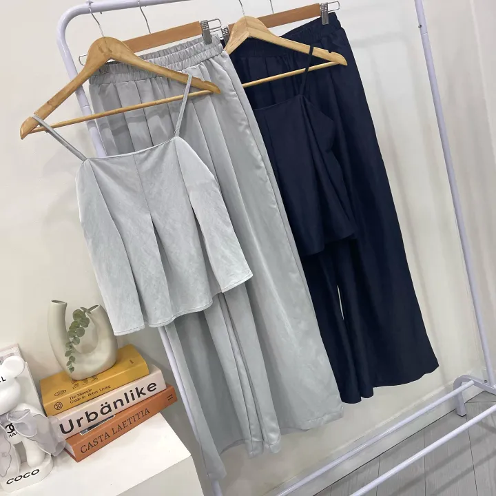 [봄여름/set]*무지* 프릴 뷔스티에 세트 나일론 레이온 프리사이즈 고급스러운 와이드롱팬츠 핀턱 밴딩 바지 드라이클리닝 끈나시 끈조절 데일리 기본 코코바지세트 2color 상세 이미지 13