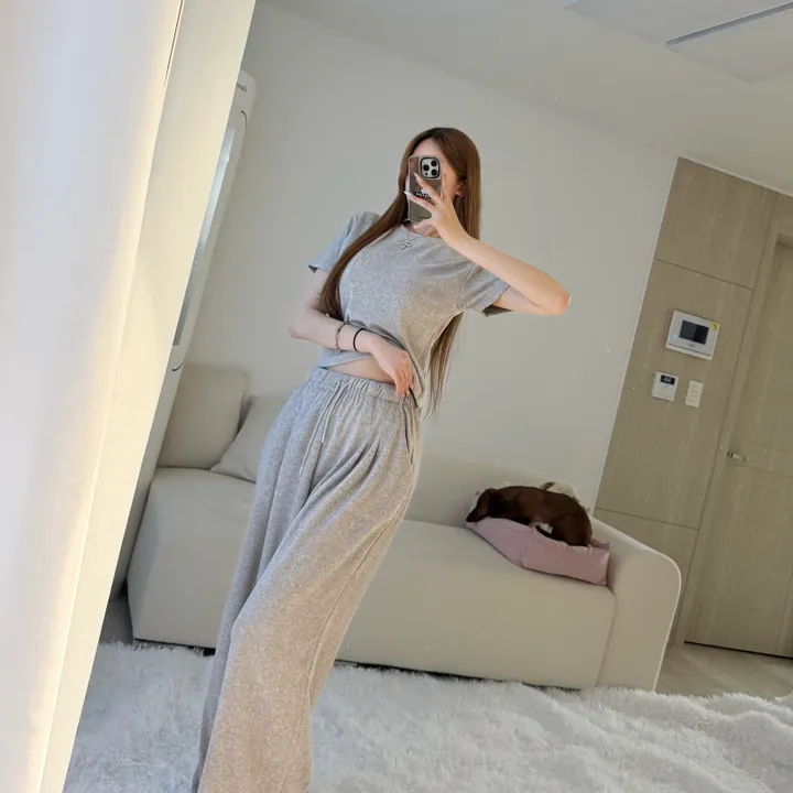 [교복템❕/강추] 테리 타올 크롭 반팔 티셔츠 핀턱 밴딩 와이드팬츠 투피스 트레이닝 세트 상세 이미지 10